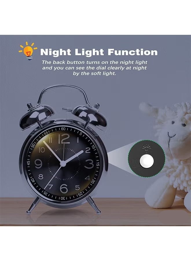 بيوينتي منبه عالي الصوت للكبار ذوي النوم العميق، كلاسيكي بقرص 4 بوصات صامت بدون صوت تكتكة ومضاء، بساعة منبه تناظرية بجرس مزدوج لغرف النوم وطاولات السرير (أسود) - Image 4